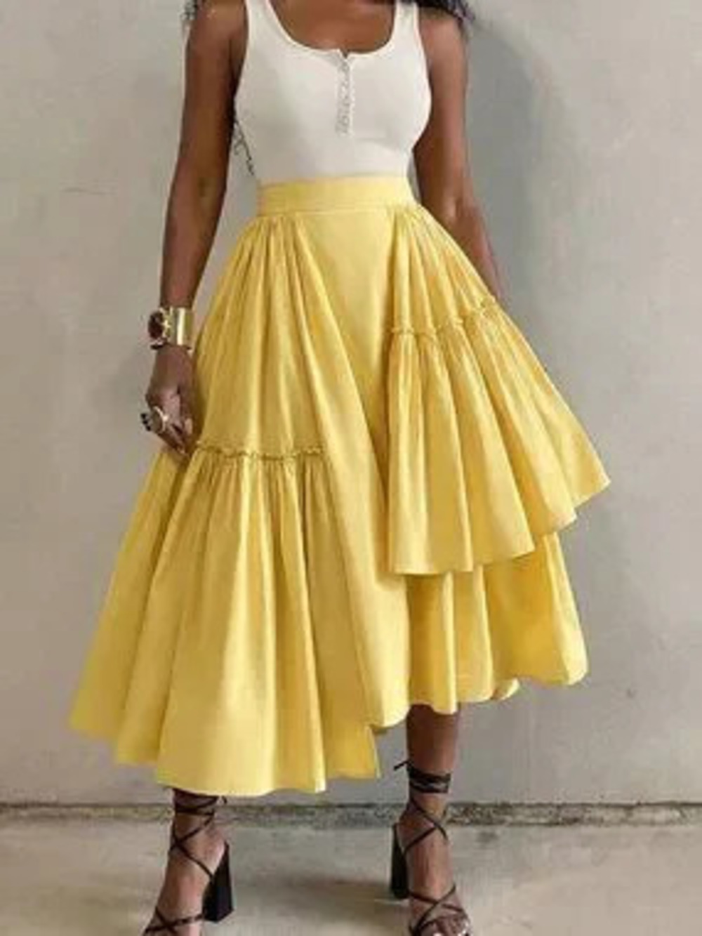ZARA Yellow Casual Women's Elegant Ruffle Asymmetric Hem Skirt